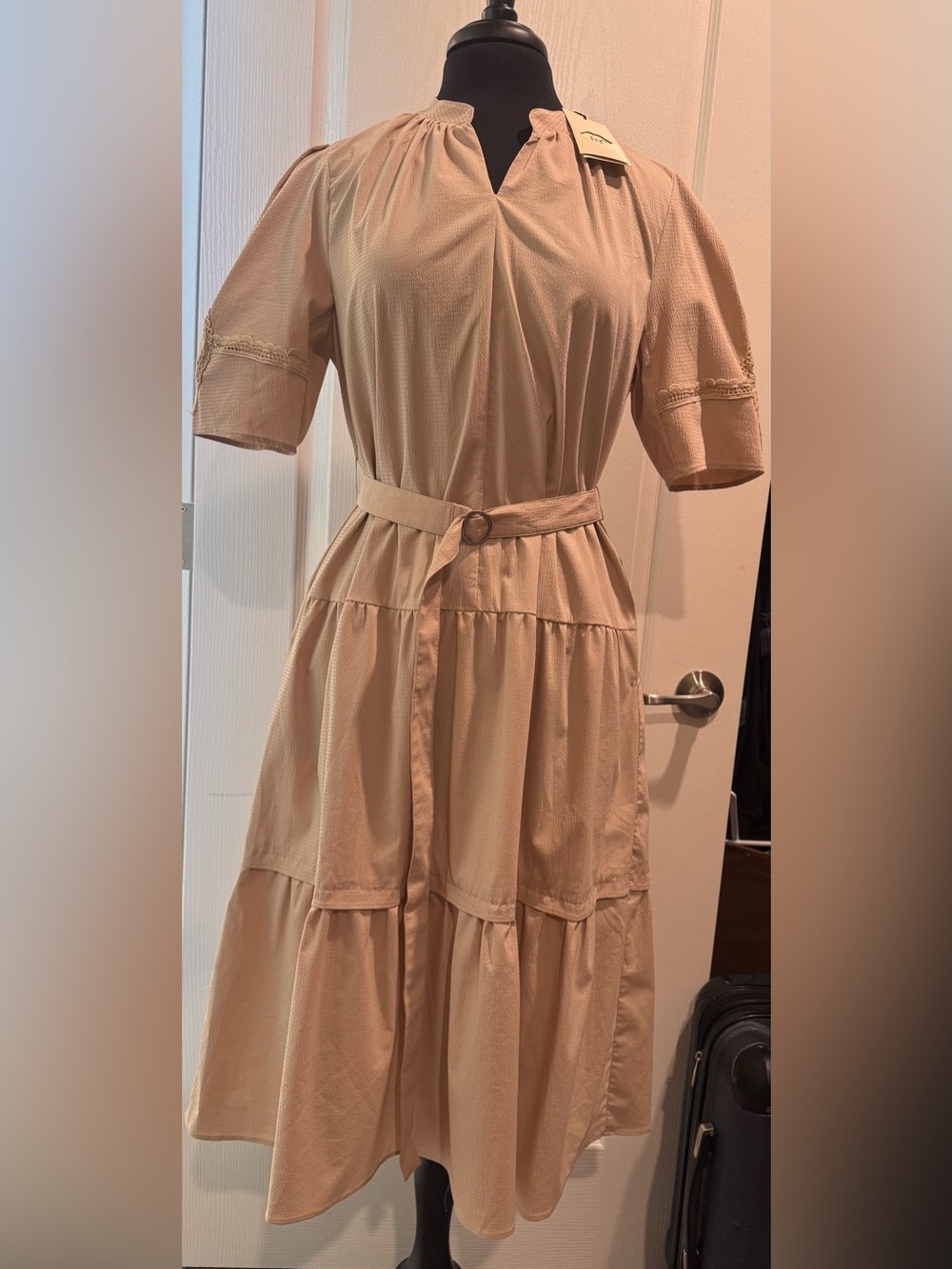 Tiered Short-Sleeve Belted Midi Dress in Beige. Two side pockets.